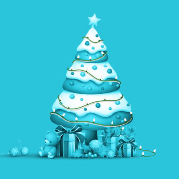 Visu de noël pour Digicash, un arbe noël graphique sur un fond bleu clair. Design de Mikado Publicis