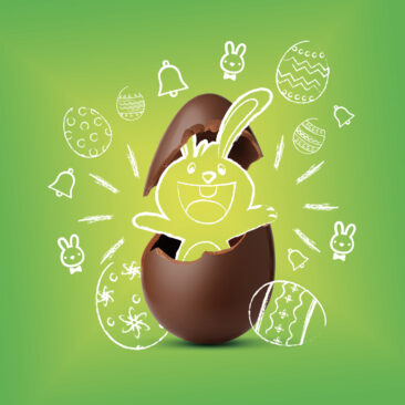 Visuel principal de la campagne Knauf "un K a part". Un œuf en chocolat avec un lapin dessiné à la craie qui en sort